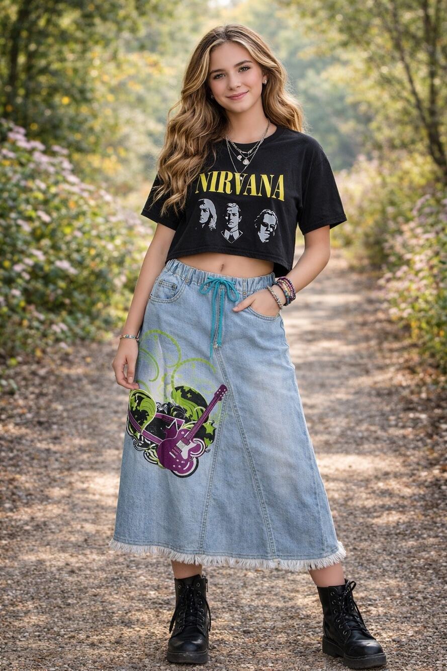 RARE NWT Deadstock Y2K 2000s Style J Sz 25 Denim Maxi Skirt McBling Graphic Art